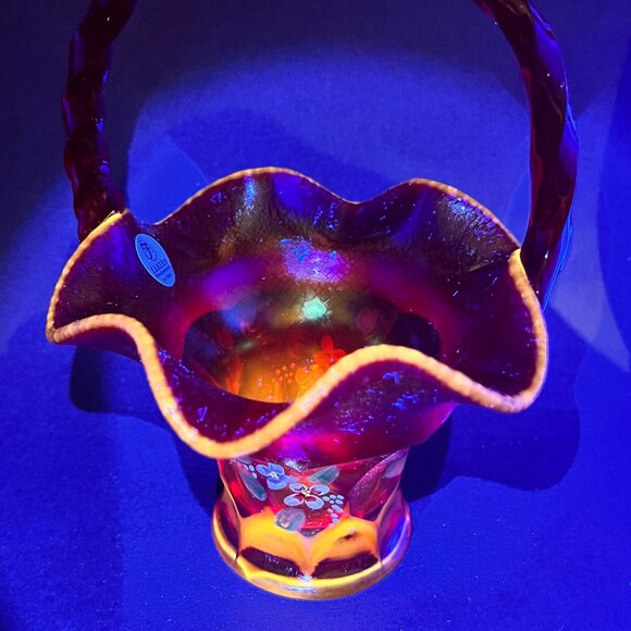 Fenton Carnival Stretch Ruby Amberina Glass Basket Hand Painted Griffiths Glows